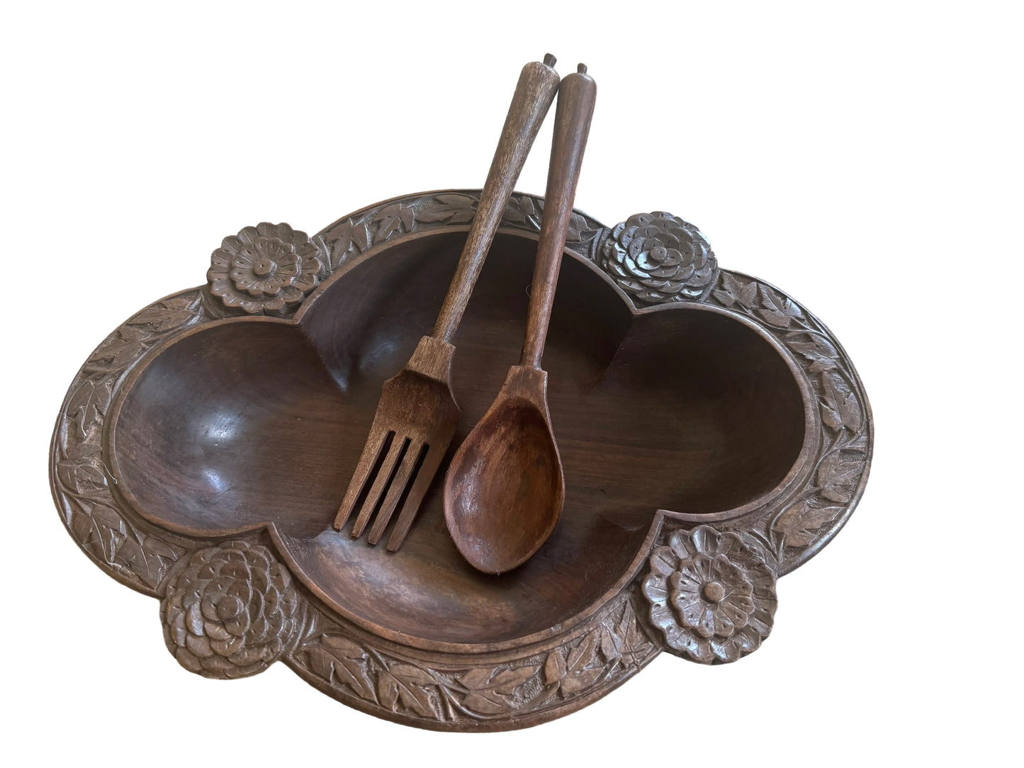 Ornate Wooden Bowl and Salad Servers