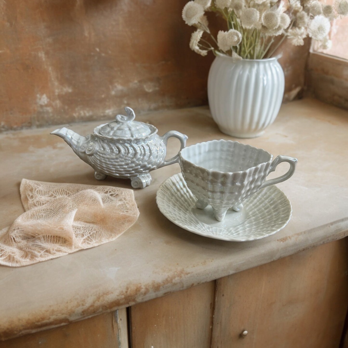 Set of Victoria Pearl Lustreware Miniature Teapot, Cup & Saucer