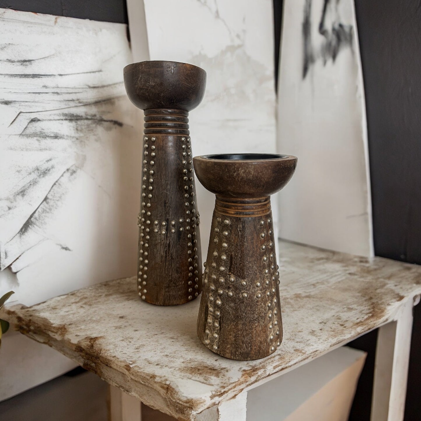 Pair of Vintage Studded Pillar Candle Holders