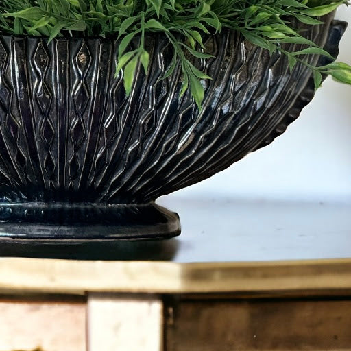 Large Vintage Metallic Black Mantle Vase with Geometric Design