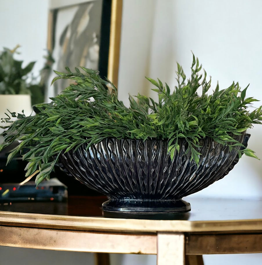 Large Vintage Metallic Black Mantle Vase with Geometric Design