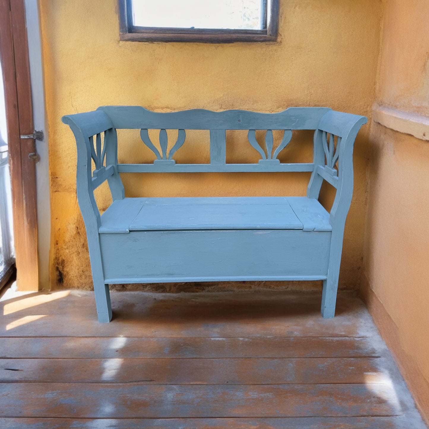 Distressed Blue Painted Pine Settle Bench