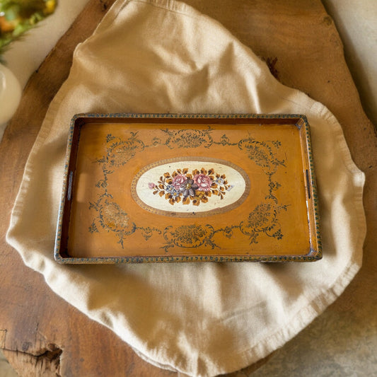 Vintage Painted Floral Wooden Tray