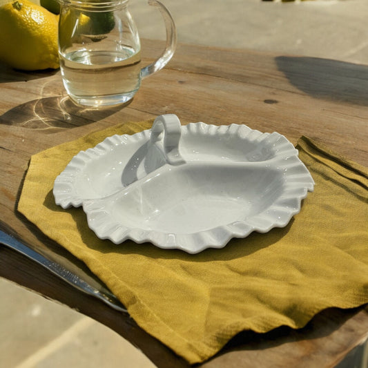 Vintage White Ruffled Edge Serving Bowl with Handle