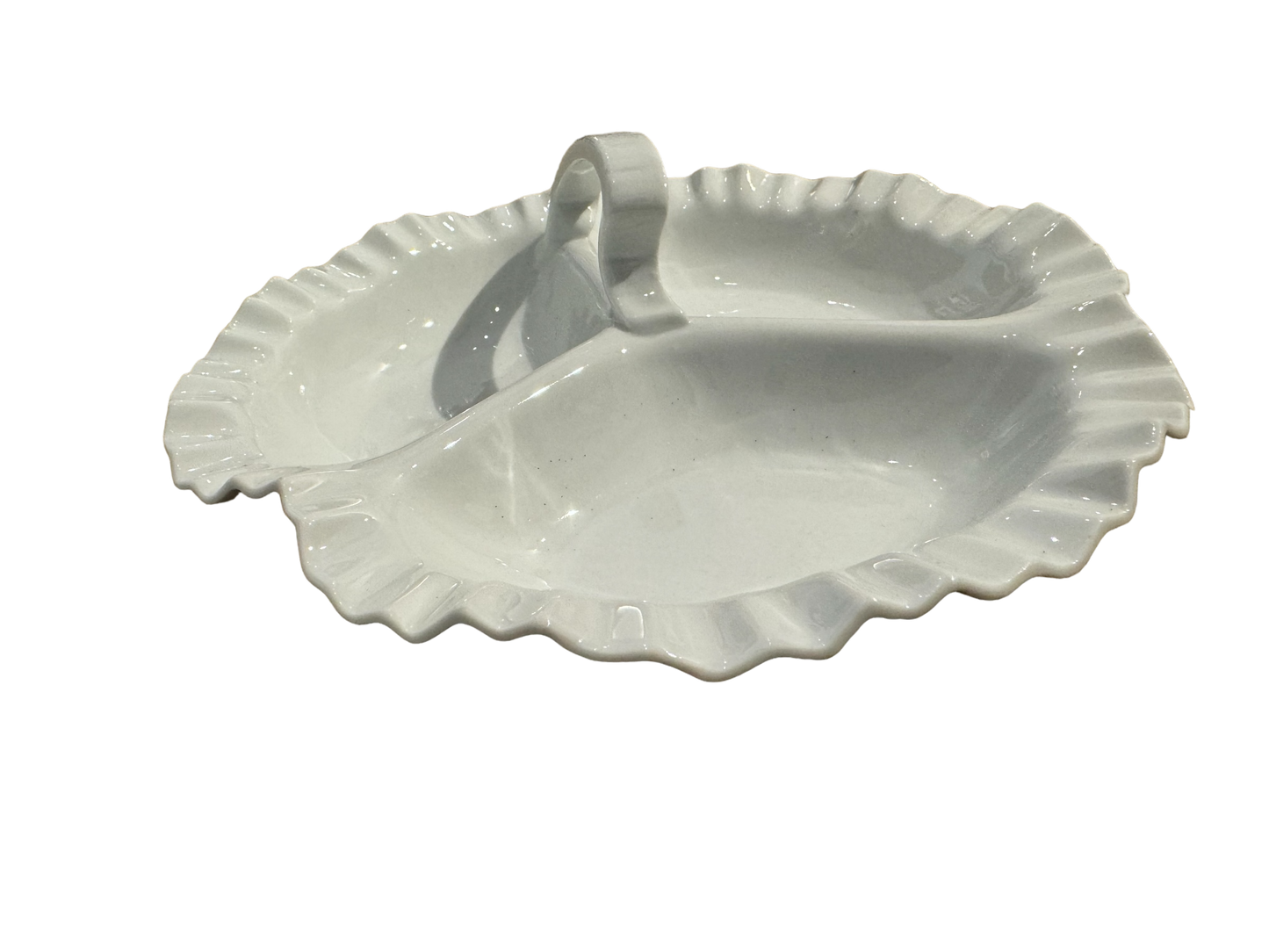 Vintage White Ruffled Edge Serving Bowl with Handle