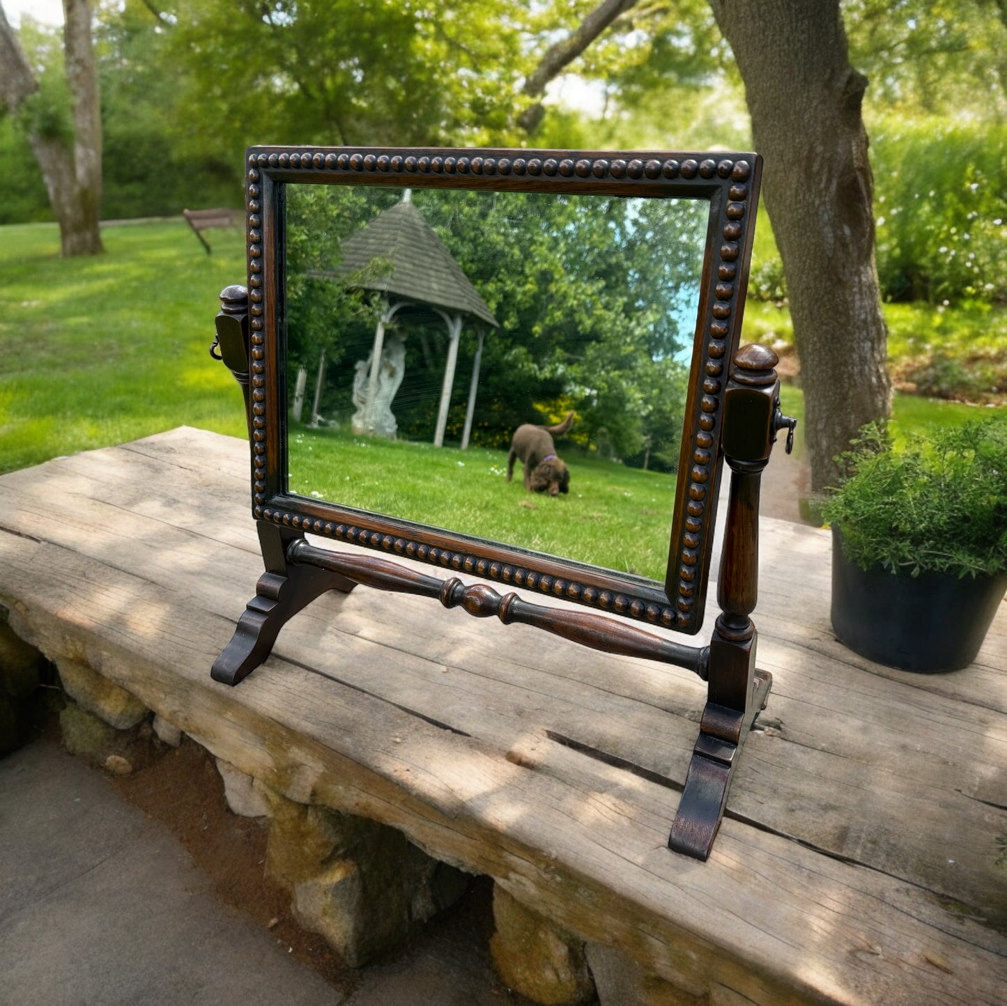 Antique Beaded Bobbin Table Top Mirror