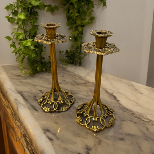 Pair of Vintage Brass Floral Candlesticks