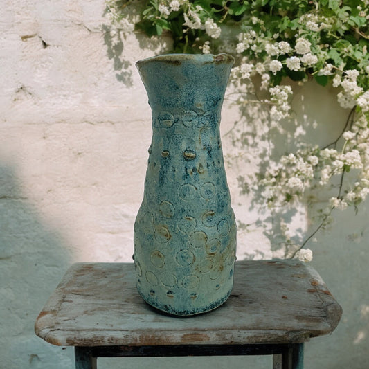 Vintage Mottled Blue Circle Detail Studio Pottery Vase