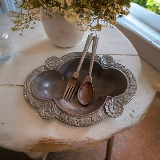 Ornate Wooden Bowl and Salad Servers